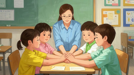 Illustration of a teacher and her students putting their hands together in a classroomの素材