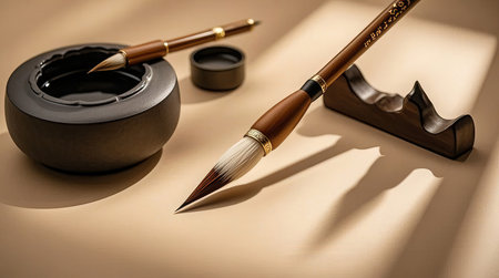 Pencils and inkwell on beige background. Selective focus.の素材