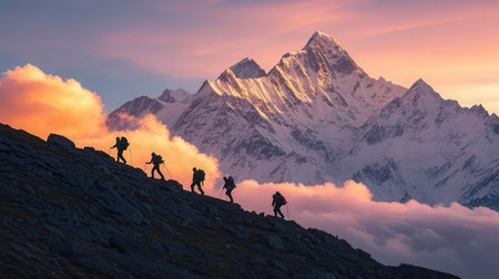 Group of mountaineers in Himalayas at sunrise, Nepalの素材