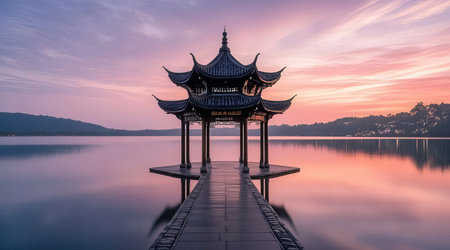 Pavilion on the lake at sunset in Hangzhou, Chinaの素材