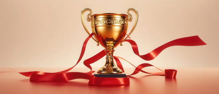 3d render of trophy cup with red ribbon on white background.の素材