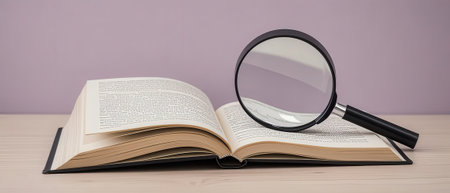 Magnifying glass on open book on wooden table with purple wall backgroundの素材
