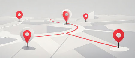 3D rendering of a road map with red and white pointers.の素材