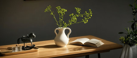 Vase with plant and book on wooden table, 3d renderの素材
