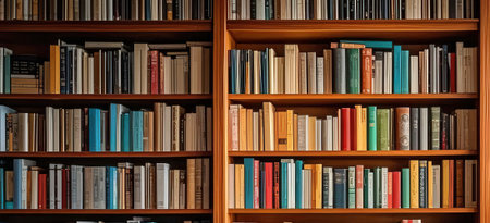 Bookshelves in a library or bookstore. Bookshelves with books.の素材