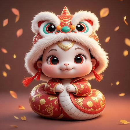 3d rendering of a cute little chinese girl in a lion costumeの素材