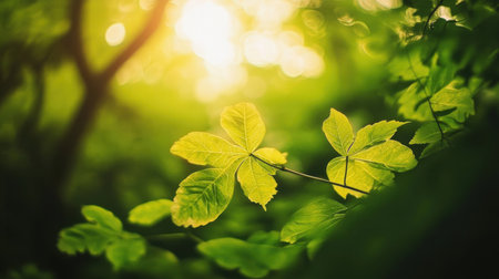 Green leaves in the forest with sunlight and bokeh background.の素材