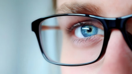 Close up of a woman's eye wearing glasses and looking at cameraの素材