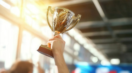 Close-up of a male hand holding a trophy against blurred backgroundの素材