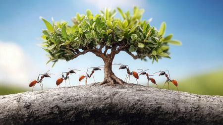 Ants and tree on nature background. Teamwork concept. 3D Renderingの素材