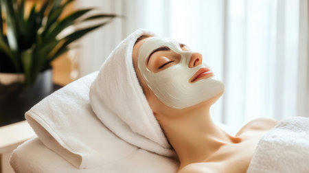 Beautiful young woman in spa salon with facial mask. Beauty treatment.の素材