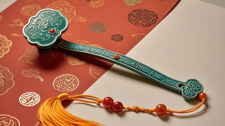 Chinese New Year decoration on a red and white background, close upの素材