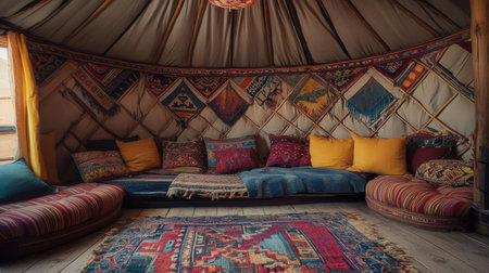 Interior of a nomadic tent with colorful pillows and rugの素材