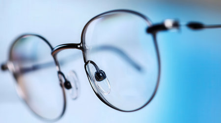 Eyeglasses on blue background, close-up. Selective focusの素材