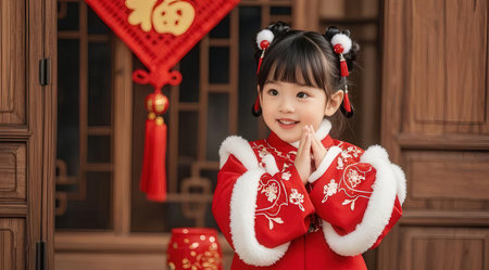 Happy asian little girl in traditional Chinese costume holding red envelopes.の素材