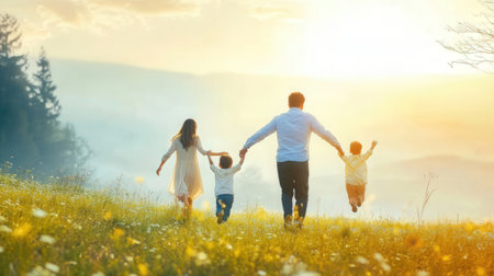 happy family running on meadow in the mountains at sunset. father, mother and childrenの素材