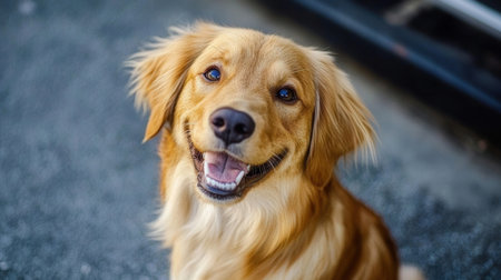Cute golden retriever dog looking at the camera on the streetの素材