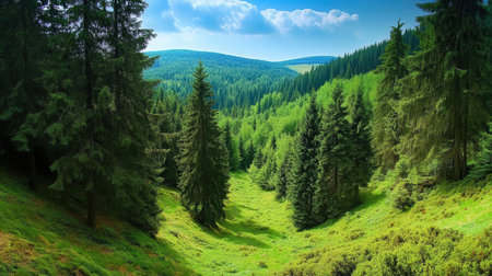 panoramic view of the mountain valley with coniferous forestの素材