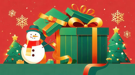Christmas and New Year background with snowman and gift box. Vector illustration.の素材