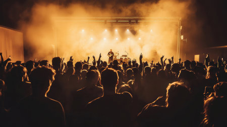 Crowd at a concert in front of a stage with lights and smokeの素材