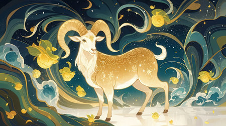 Illustration of a ram on the background of the night sky.の素材