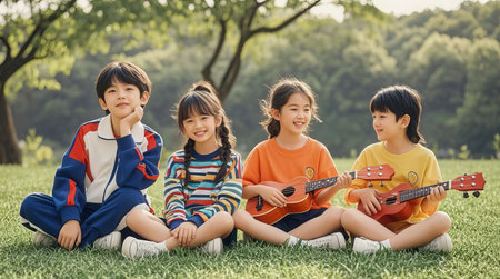 Group of asian children playing ukulele in the parkの素材