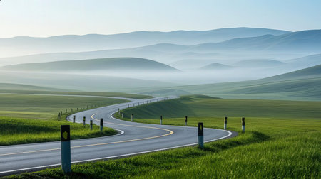 Asphalt road in the morning mist, Tuscany, Italyの素材