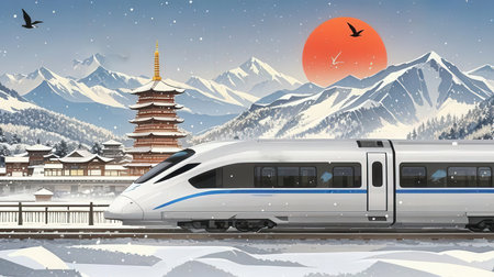 High-speed train in the background of the mountains. Vector illustration.の素材