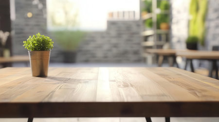 Empty wooden table and chair in coffee shop blur background with bokeh image.の素材