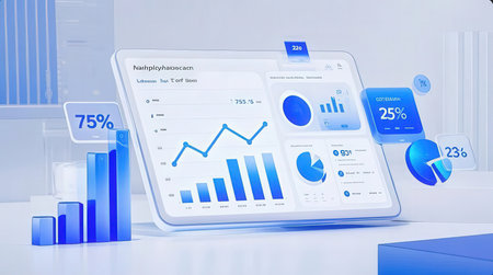 Futuristic user interface with graphs and charts. 3d renderingの素材