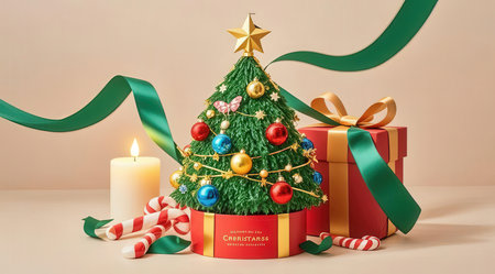 Christmas tree and gift box with green ribbon. 3d rendering.の素材