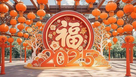 3d rendering of chinese new year background with lanterns and decorationsの素材