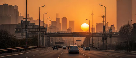 Sunset over the highway in Shanghai, China. Panoramic view.の素材