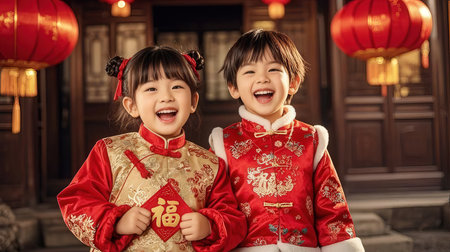 Happy Chinese little girl and boy celebrate Chinese New Year in traditional costumeの素材