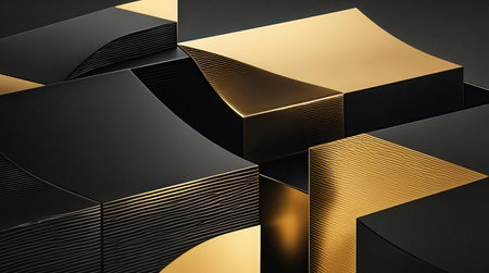 3d render, abstract background with gold and black geometric shapes.の素材