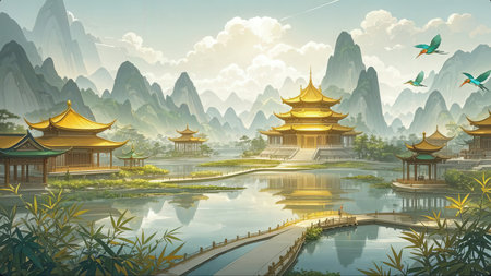 Landscape of ancient pagoda with pond in the middle of mountainsの素材