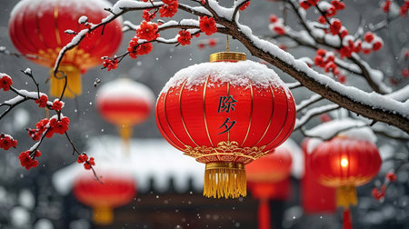 Chinese New Year lanterns in the snow on the background of the winter landscapeの素材