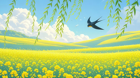 Rapeseed field and swallows, spring background, vector illustrationの素材