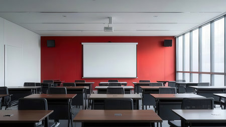 Classroom interior with empty whiteboard and red walls. 3d renderingの素材
