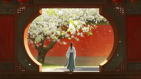 Asian woman in kimono standing in front of a window with cherry blossomsの素材