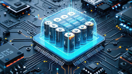 Electronic circuit board with microchips and batteries. 3d renderingの素材