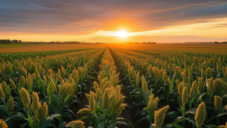 Sunset over the sorghum field. Agricultural landscape with sunset.の素材
