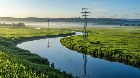 Power line in the morning mist over a small river in the countrysideの素材