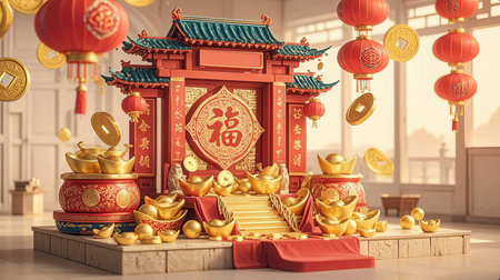 Chinese New Year decoration with golden ingots and red lanterns, 3D renderingの素材