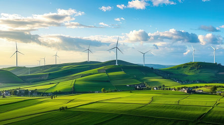 Wind turbines on the green hills of Tuscany, Italy.の素材