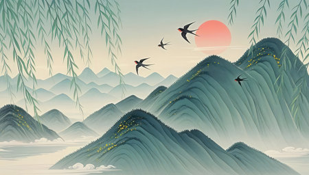 Landscape with mountains and birds in the sky. Vector illustration.の素材