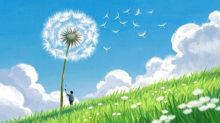 Businessman standing on a grassy hill and blowing dandelionの素材