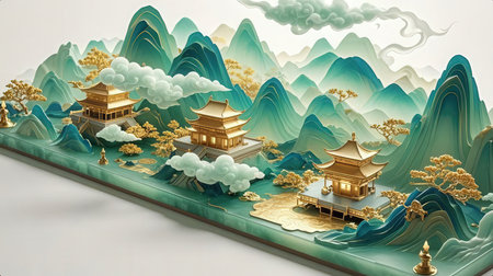 3d illustration of a chinese temple with mountains and clouds.の素材