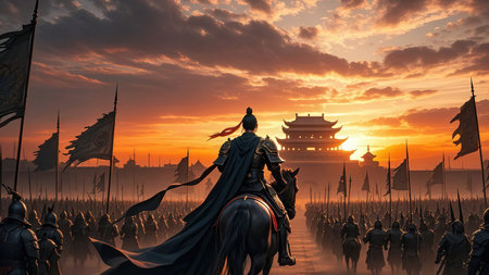 Medieval battle scene with cavalry and infantry, 3d render illustrationの素材