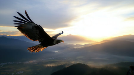 Bald Eagle in flight over the mountains at sunset in the morningの素材